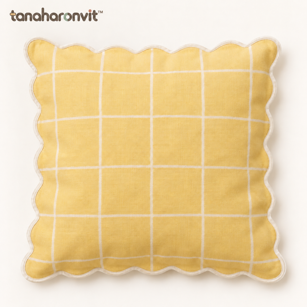 tanaharonvit™ Buttercup Windowpane Cotton Throw Pillow Cover, 18 x 18 in, Scalloped Edge Decorative Cushion Cover for Couch or Bed — Butter Yellow