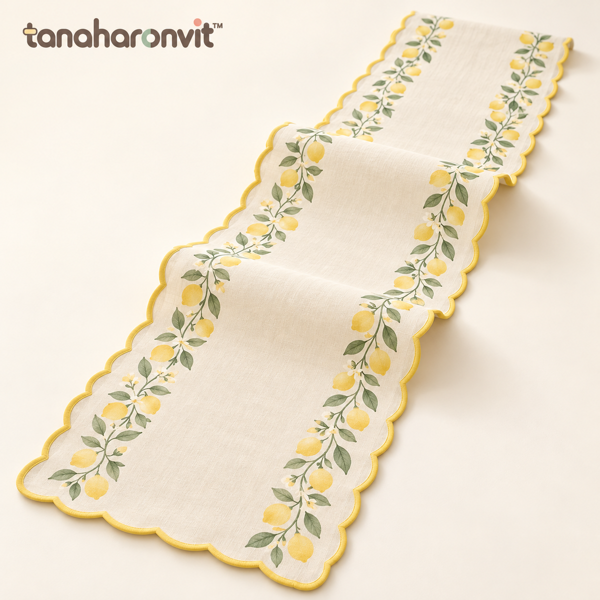 tanaharonvit™ Lemon Ribbon Cotton Table Runner, 14 x 72 in, Scalloped Edge Botanical Dining Table Linen — Lemon Yellow & Sage
