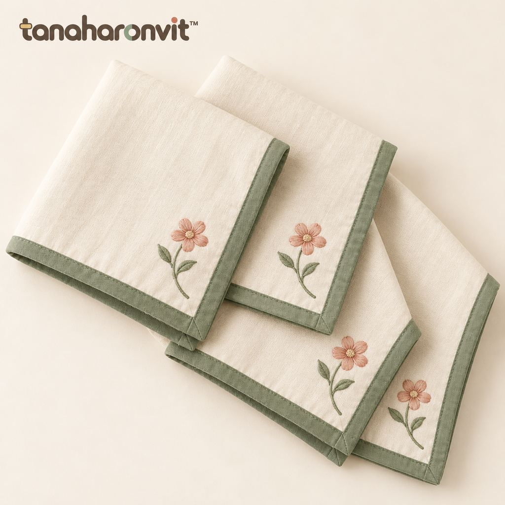tanaharonvit™ Petal Corner Cotton Cloth Napkins, Set of 4, 18 x 18 in, Floral Embroidered Reusable Dinner Napkins — Ivory & Sage