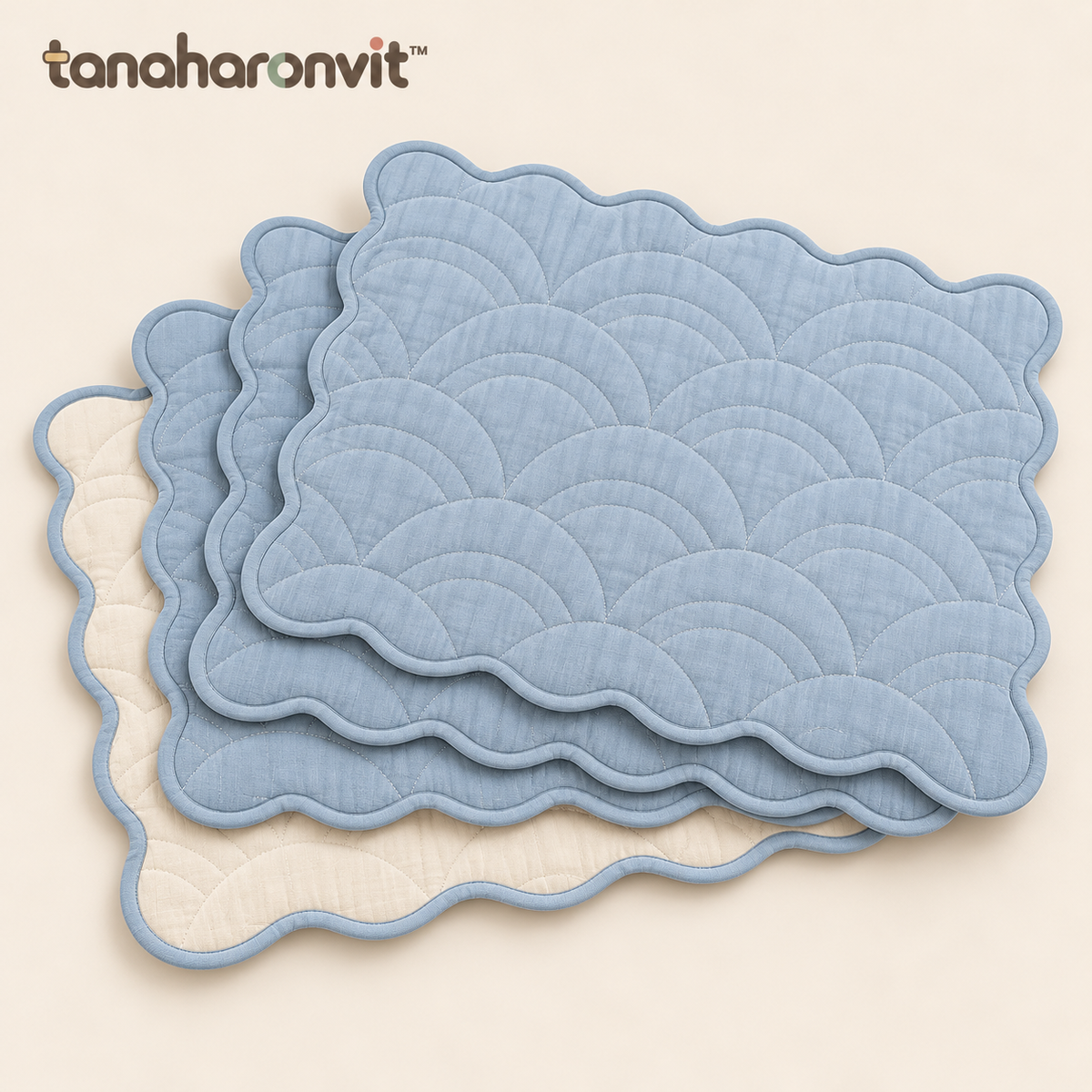 tanaharonvit™ Soft Arc Quilted Cotton Placemats, Set of 4, 13 x 19 in, Reversible Scalloped Fabric Dining Mats — Powder Blue & Ivory