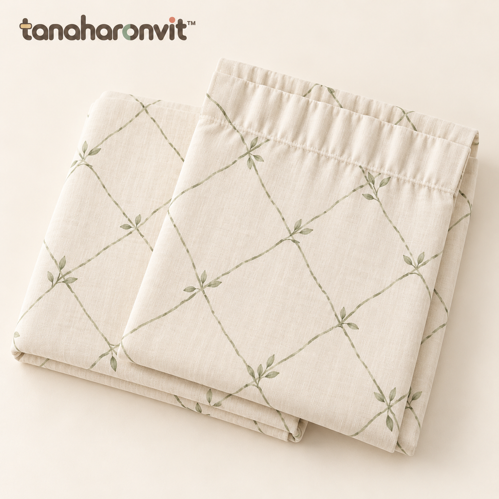 tanaharonvit™ Morning Trellis Light-Filtering Curtain Panels, Set of 2, 50 x 84 in Each, Cotton Rod Pocket Window Drapes — Sage & Ivory