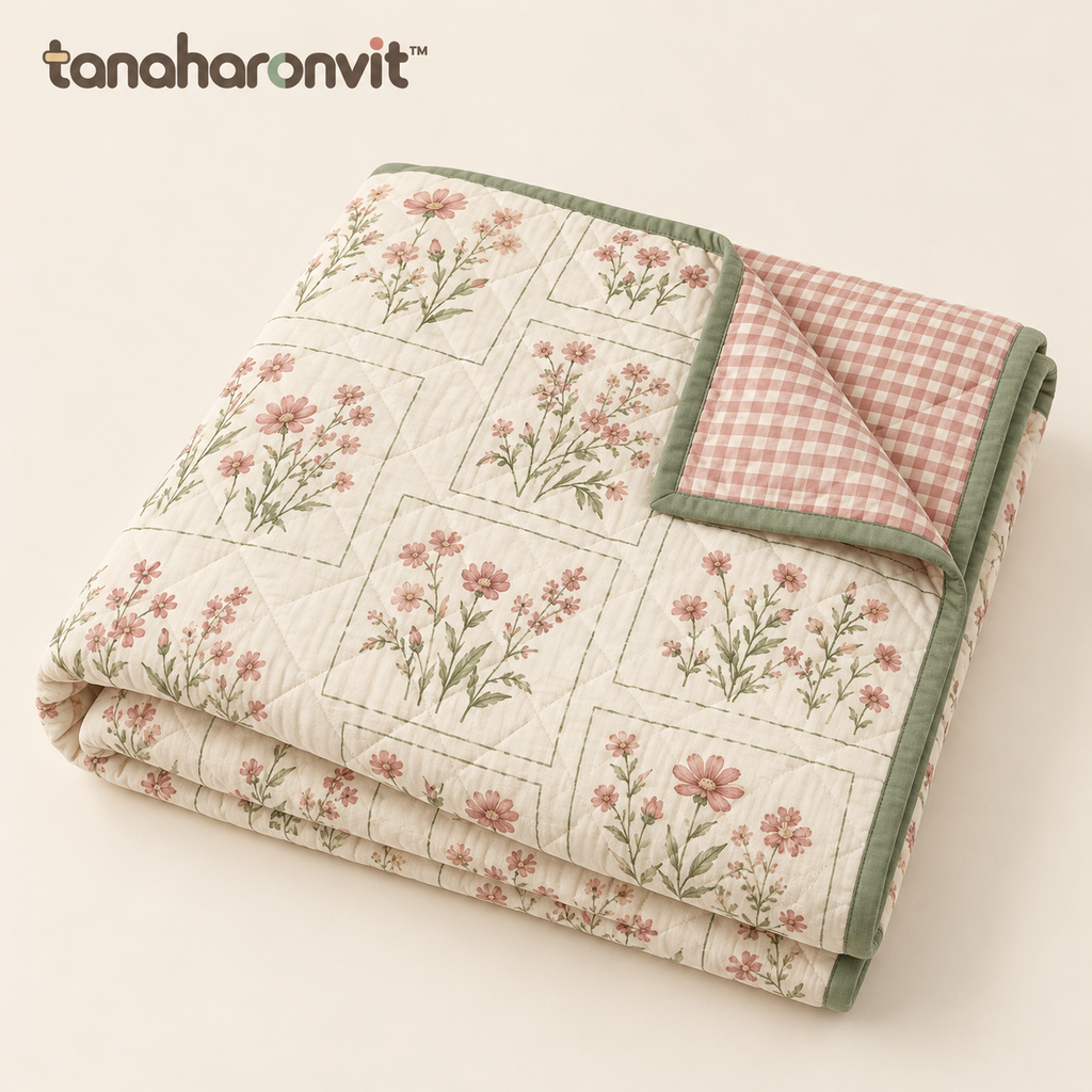 tanaharonvit™ Meadow Postcard Reversible Quilted Throw Blanket, 50 x 60 in, Cotton Shell Floral & Gingham Sofa Throw — Rose & Sage