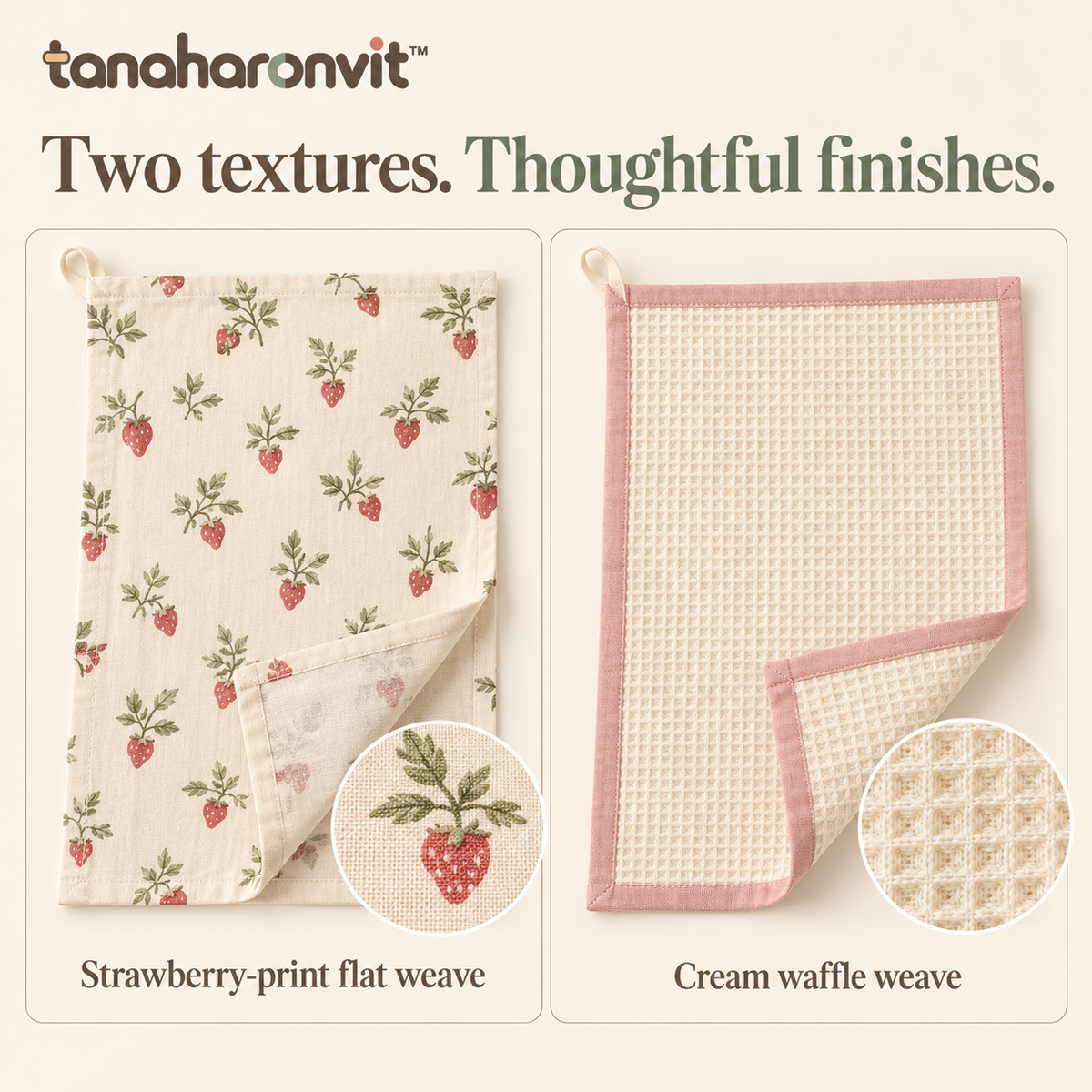 tanaharonvit™ Berry Breakfast Cotton Kitchen Towels, Set of 2, 18 x 28 in, Strawberry Print & Waffle Weave Dish Towels — Blush & Cream