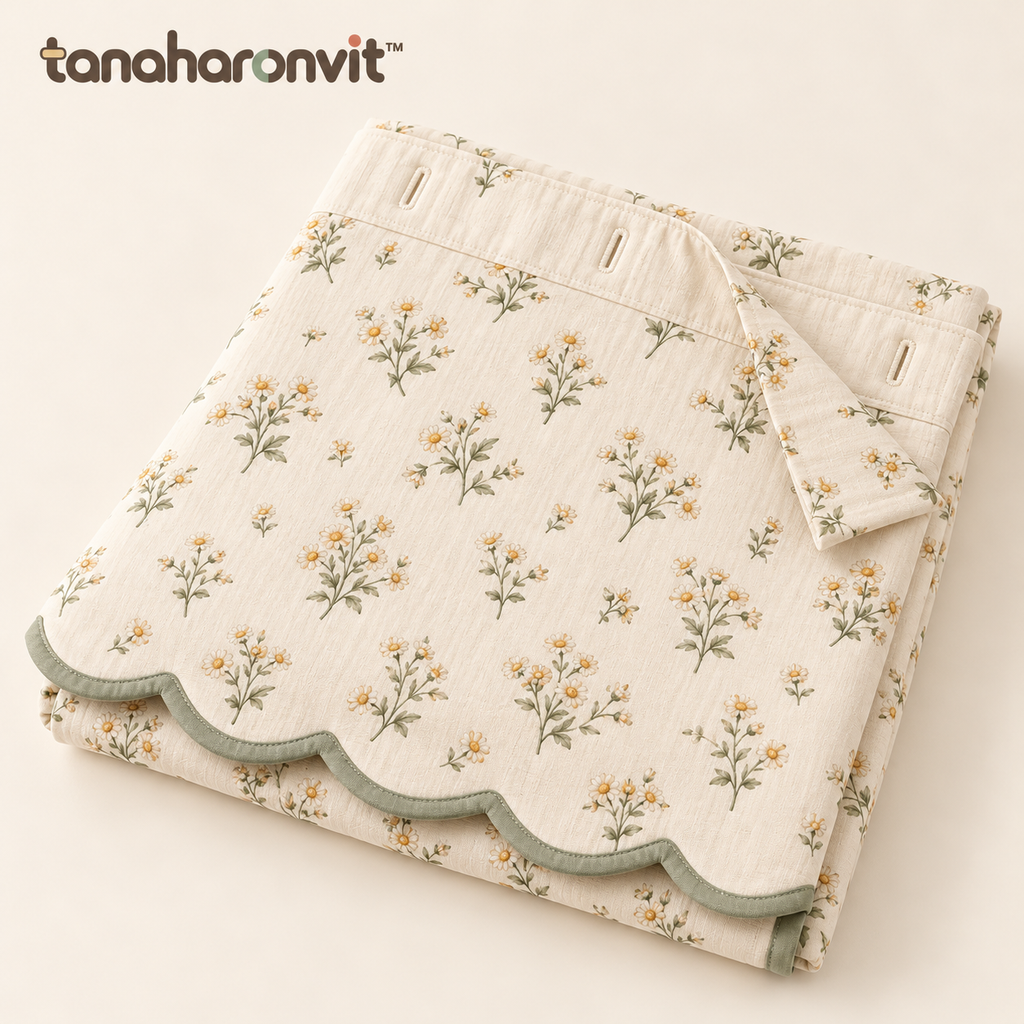tanaharonvit™ Daisy Drift Fabric Shower Curtain, 72 x 72 in, Cotton Micro-Floral Bathroom Curtain with Scalloped Bottom — Ivory & Sage