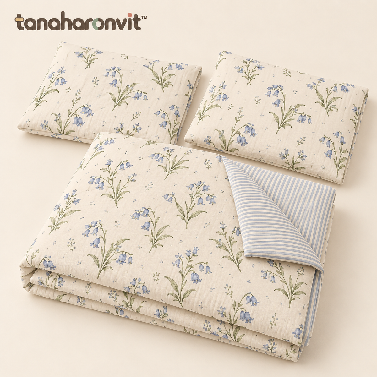 tanaharonvit™ Bluebell Notes Cotton Duvet Cover Set, Full/Queen 90 x 90 in, 3-Piece Reversible Floral Bedding with 2 Standard Shams — Powder Blue & Ivory