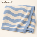 tanaharonvit™ Cloudline Cotton Knit Throw Blanket, 50 x 60 in, Wavy Stripe Lightweight Couch & Sofa Throw — Powder Blue & Cream