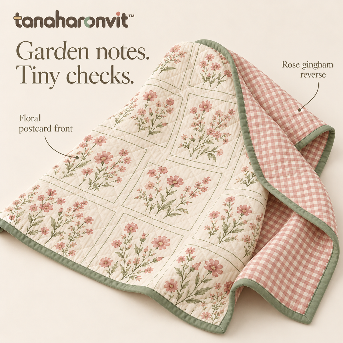 tanaharonvit™ Meadow Postcard Reversible Quilted Throw Blanket, 50 x 60 in, Cotton Shell Floral & Gingham Sofa Throw — Rose & Sage