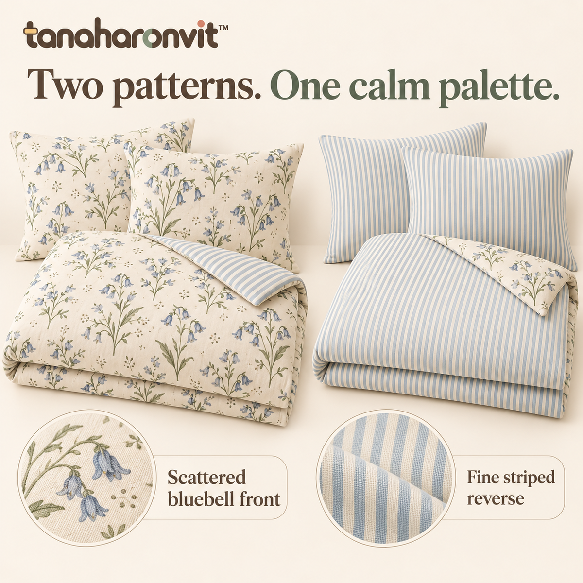 tanaharonvit™ Bluebell Notes Cotton Duvet Cover Set, Full/Queen 90 x 90 in, 3-Piece Reversible Floral Bedding with 2 Standard Shams — Powder Blue & Ivory
