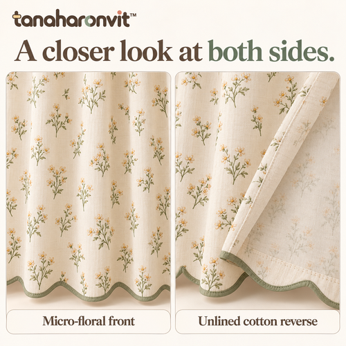 tanaharonvit™ Daisy Drift Fabric Shower Curtain, 72 x 72 in, Cotton Micro-Floral Bathroom Curtain with Scalloped Bottom — Ivory & Sage