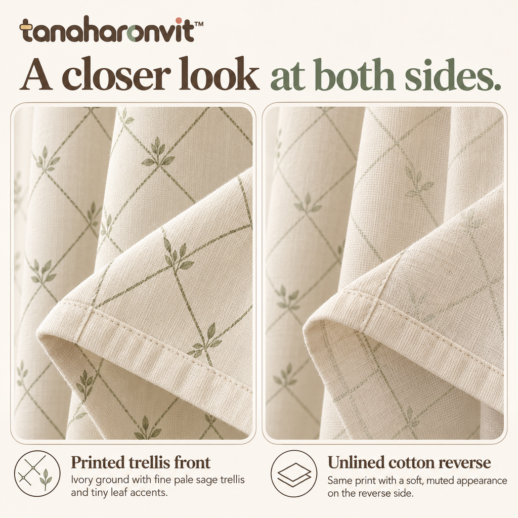 tanaharonvit™ Morning Trellis Light-Filtering Curtain Panels, Set of 2, 50 x 84 in Each, Cotton Rod Pocket Window Drapes — Sage & Ivory
