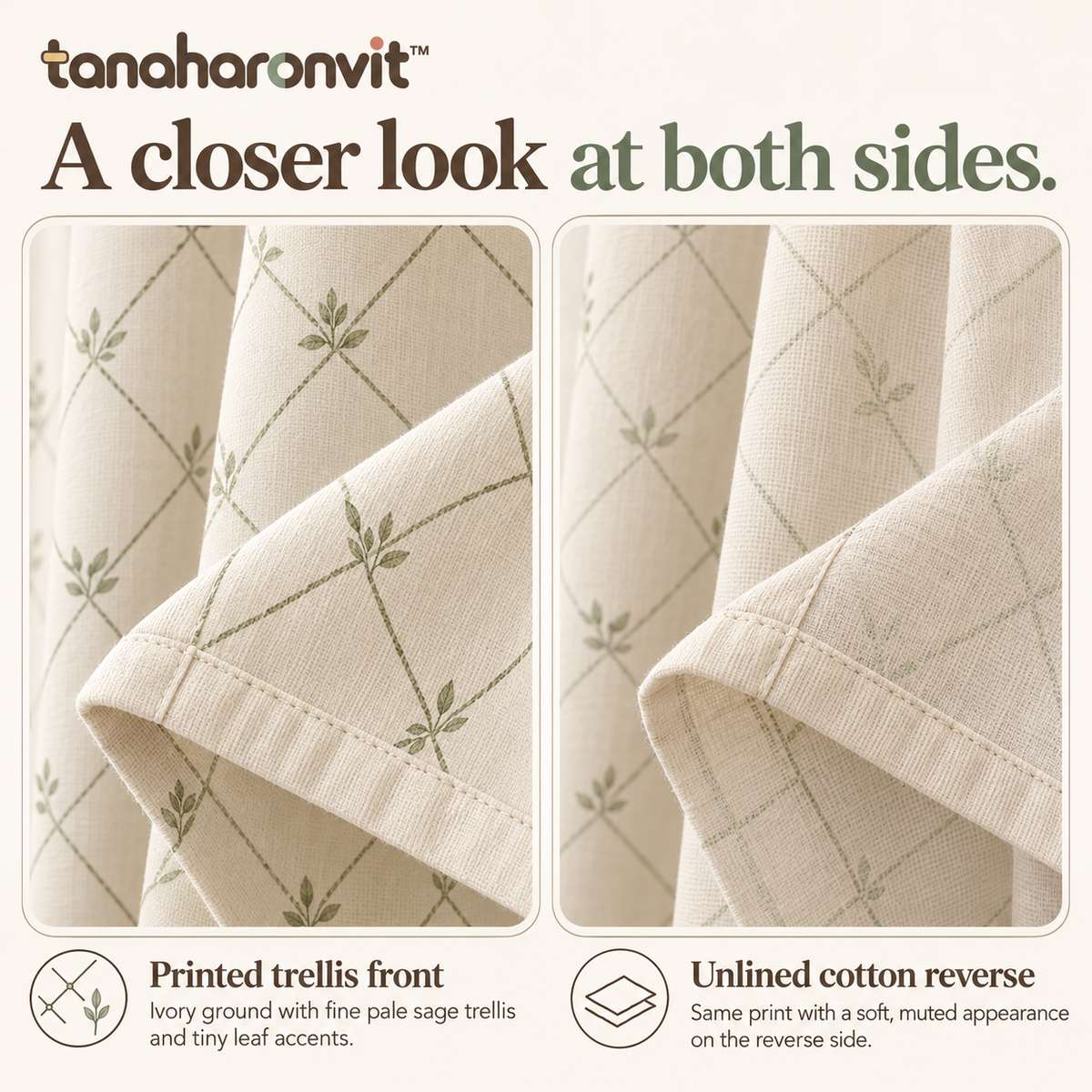tanaharonvit™ Morning Trellis Light-Filtering Curtain Panels, Set of 2, 50 x 84 in Each, Cotton Rod Pocket Window Drapes — Sage & Ivory