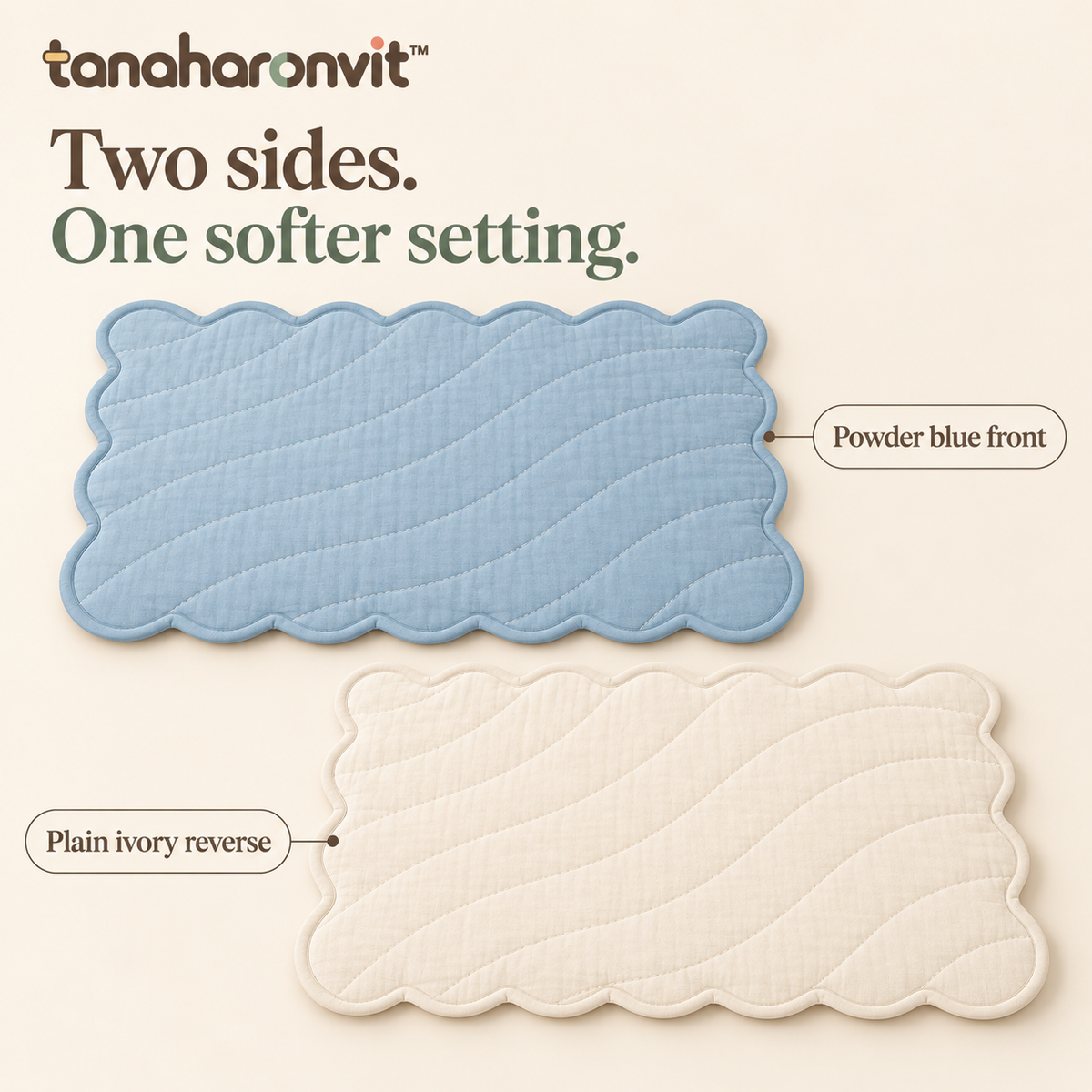 tanaharonvit™ Soft Arc Quilted Cotton Placemats, Set of 4, 13 x 19 in, Reversible Scalloped Fabric Dining Mats — Powder Blue & Ivory