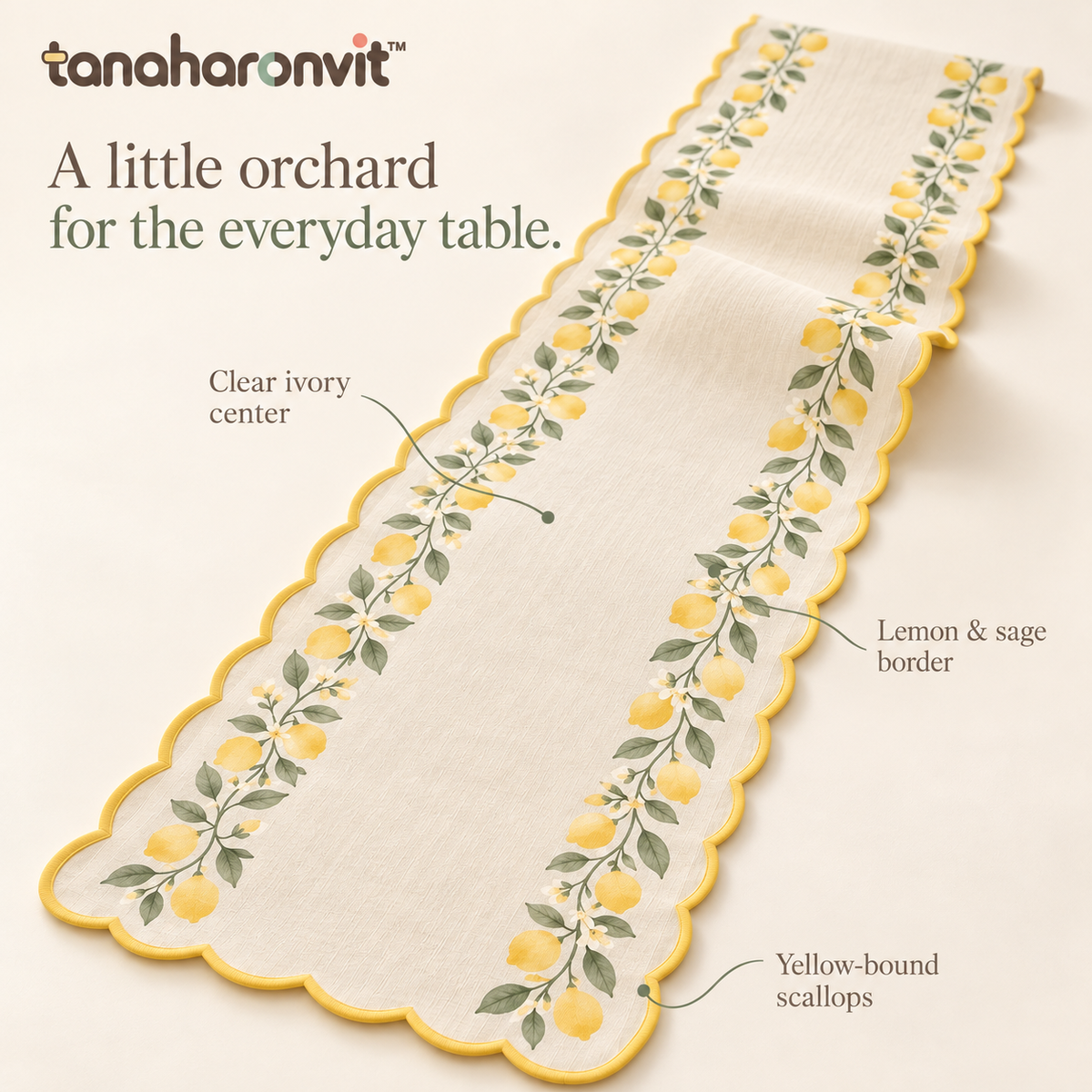 tanaharonvit™ Lemon Ribbon Cotton Table Runner, 14 x 72 in, Scalloped Edge Botanical Dining Table Linen — Lemon Yellow & Sage