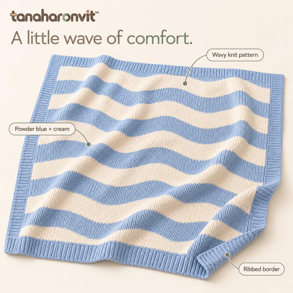 tanaharonvit™ Cloudline Cotton Knit Throw Blanket, 50 x 60 in, Wavy Stripe Lightweight Couch & Sofa Throw — Powder Blue & Cream