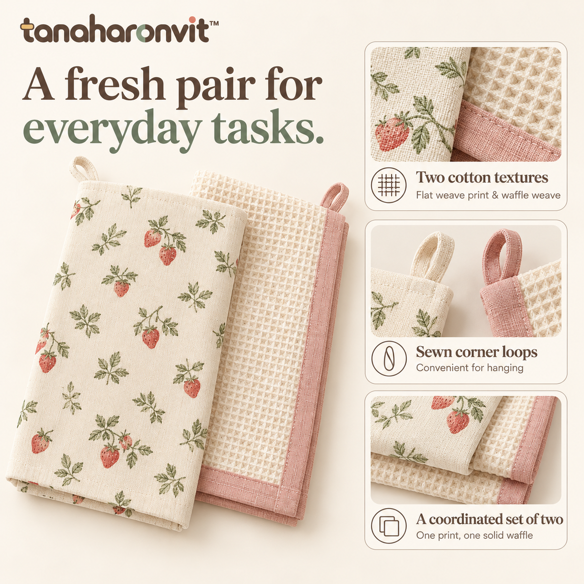 tanaharonvit™ Berry Breakfast Cotton Kitchen Towels, Set of 2, 18 x 28 in, Strawberry Print & Waffle Weave Dish Towels — Blush & Cream