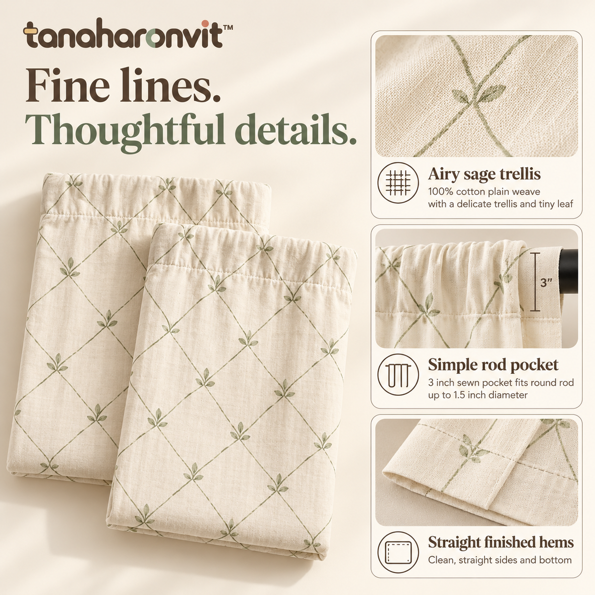 tanaharonvit™ Morning Trellis Light-Filtering Curtain Panels, Set of 2, 50 x 84 in Each, Cotton Rod Pocket Window Drapes — Sage & Ivory