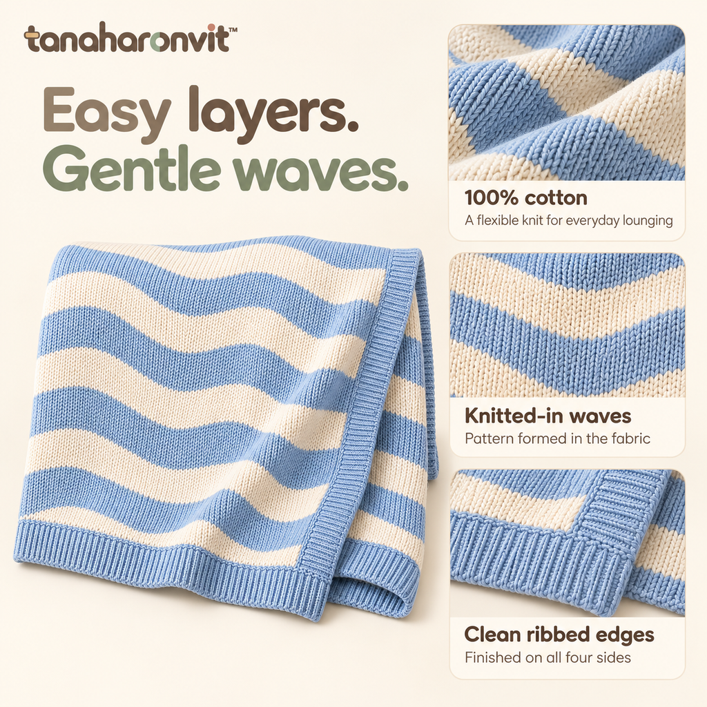 tanaharonvit™ Cloudline Cotton Knit Throw Blanket, 50 x 60 in, Wavy Stripe Lightweight Couch & Sofa Throw — Powder Blue & Cream