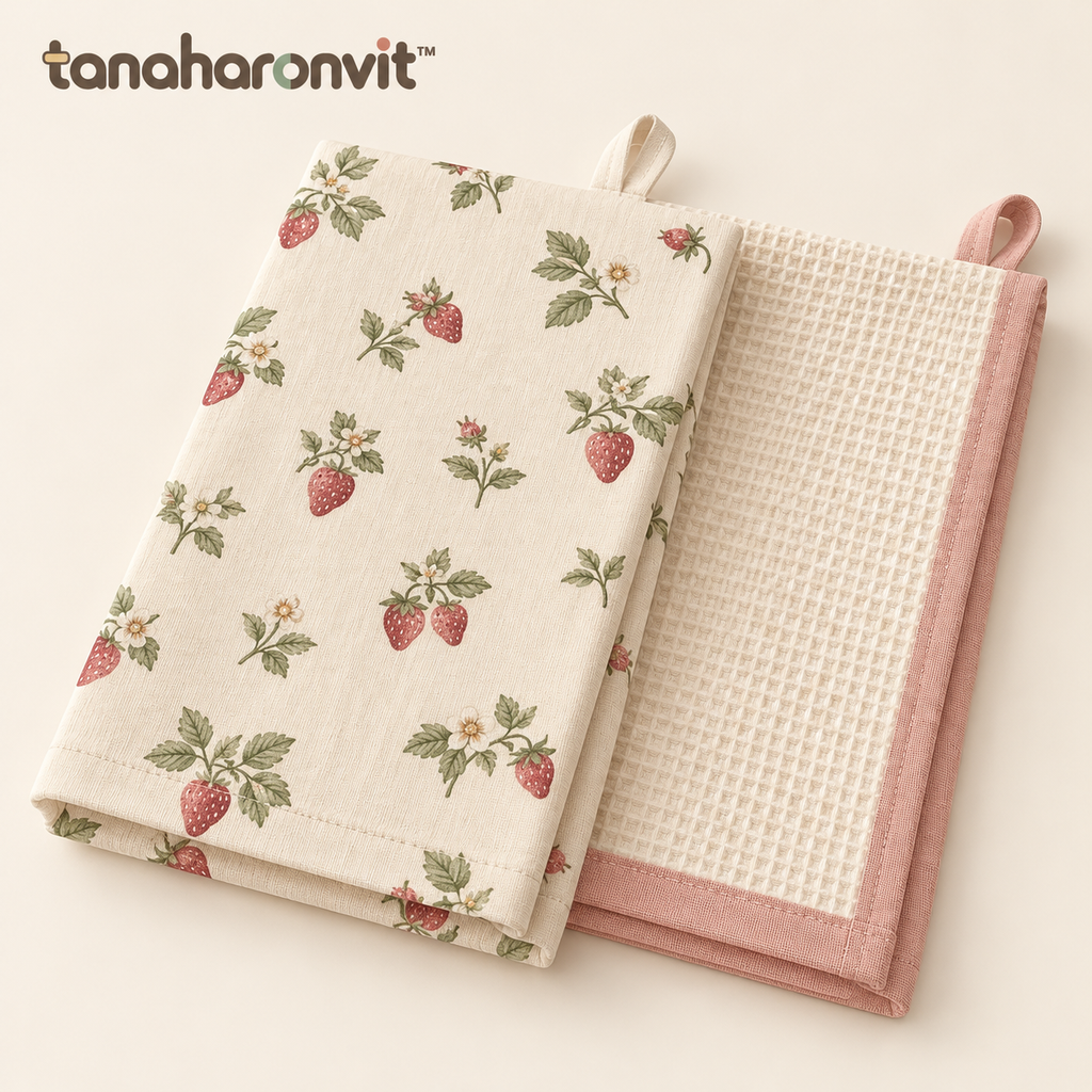 tanaharonvit™ Berry Breakfast Cotton Kitchen Towels, Set of 2, 18 x 28 in, Strawberry Print & Waffle Weave Dish Towels — Blush & Cream