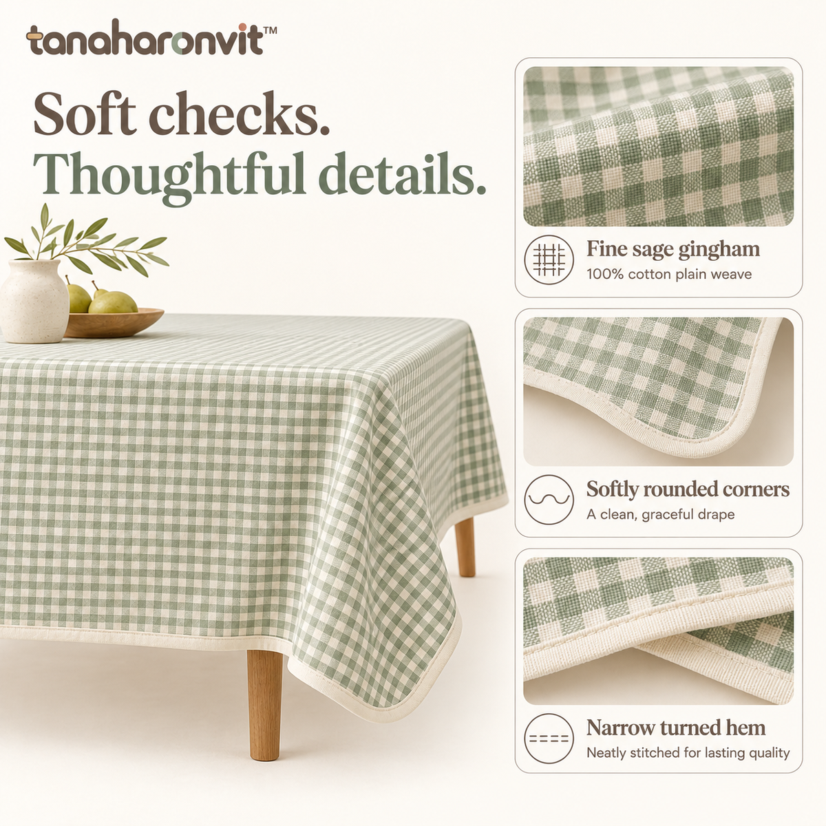 tanaharonvit™ Sunday Check Cotton Rectangular Tablecloth, 60 x 84 in, Sage Gingham Table Cover for Kitchen & Dining Room
