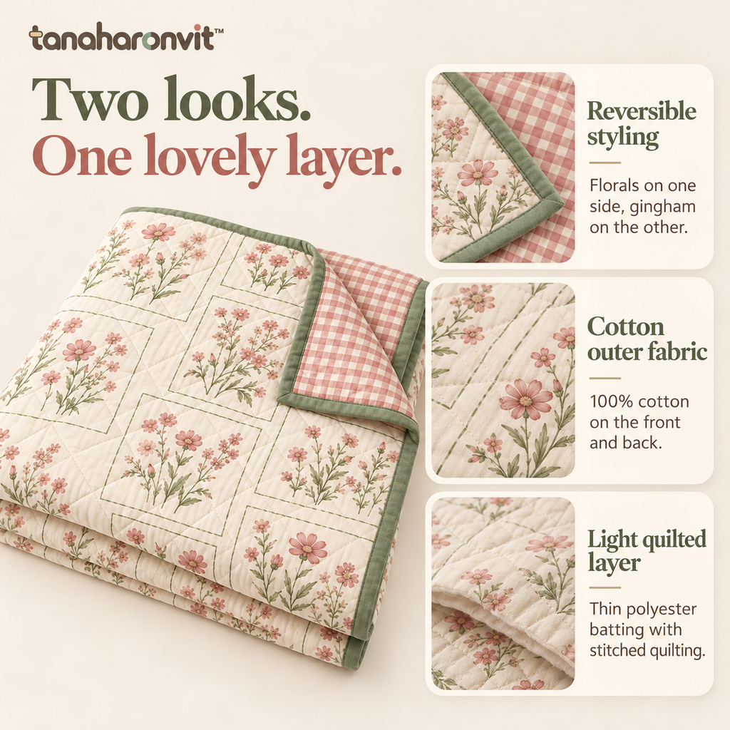 tanaharonvit™ Meadow Postcard Reversible Quilted Throw Blanket, 50 x 60 in, Cotton Shell Floral & Gingham Sofa Throw — Rose & Sage