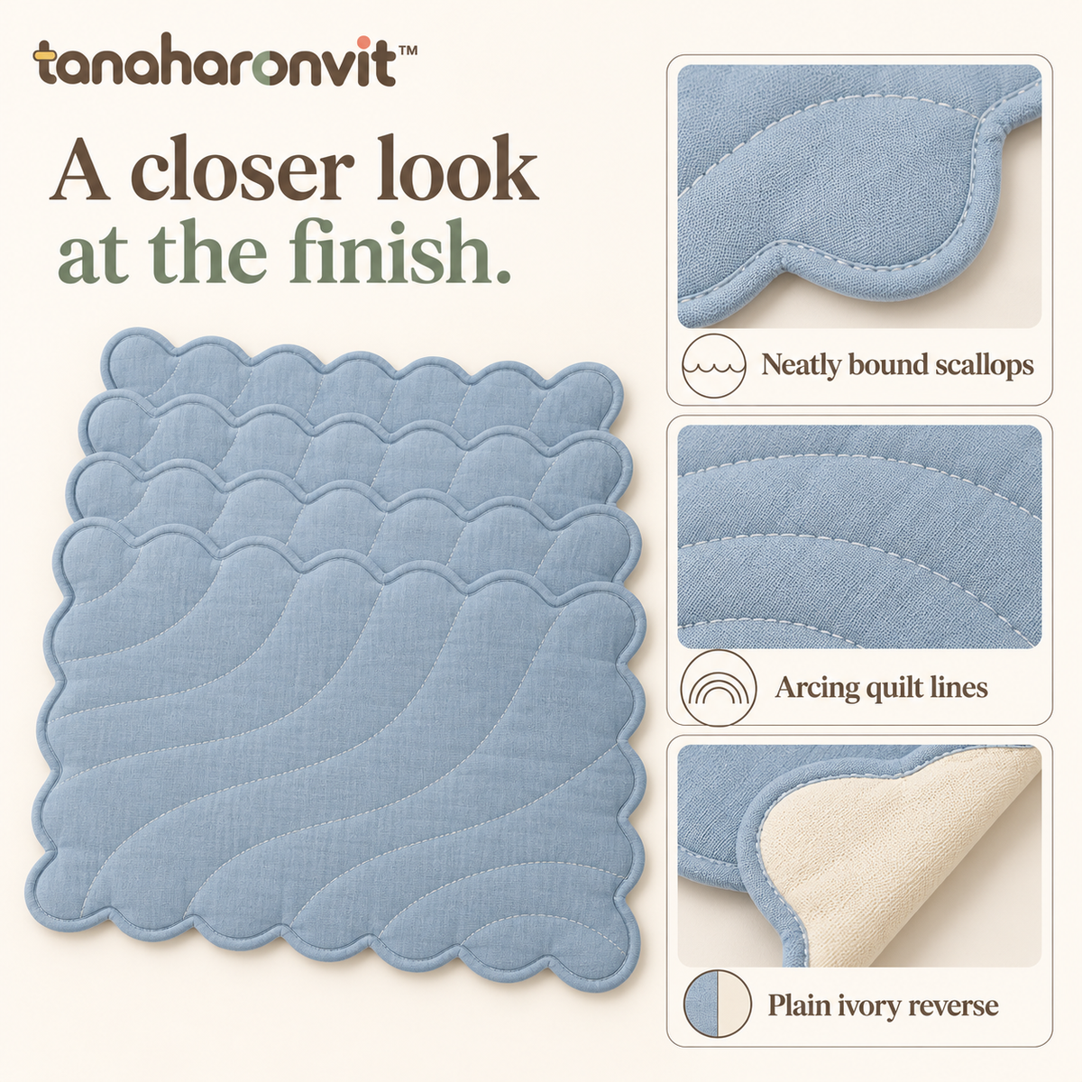 tanaharonvit™ Soft Arc Quilted Cotton Placemats, Set of 4, 13 x 19 in, Reversible Scalloped Fabric Dining Mats — Powder Blue & Ivory