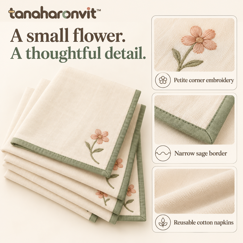 tanaharonvit™ Petal Corner Cotton Cloth Napkins, Set of 4, 18 x 18 in, Floral Embroidered Reusable Dinner Napkins — Ivory & Sage