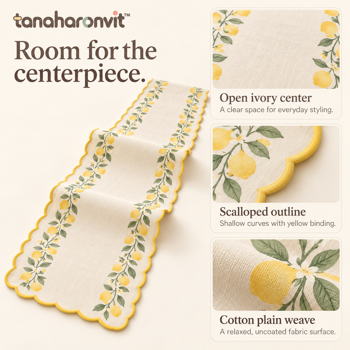 tanaharonvit™ Lemon Ribbon Cotton Table Runner, 14 x 72 in, Scalloped Edge Botanical Dining Table Linen — Lemon Yellow & Sage