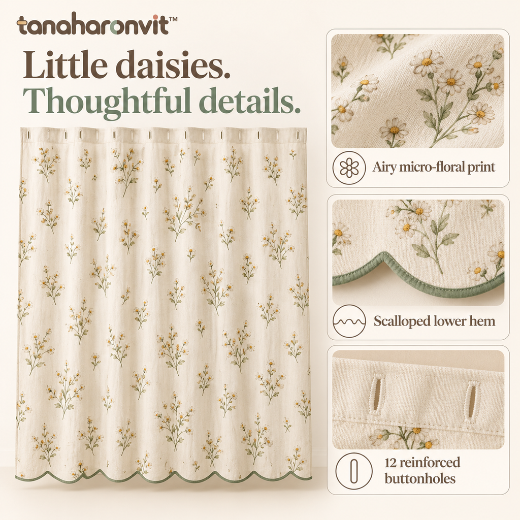 tanaharonvit™ Daisy Drift Fabric Shower Curtain, 72 x 72 in, Cotton Micro-Floral Bathroom Curtain with Scalloped Bottom — Ivory & Sage