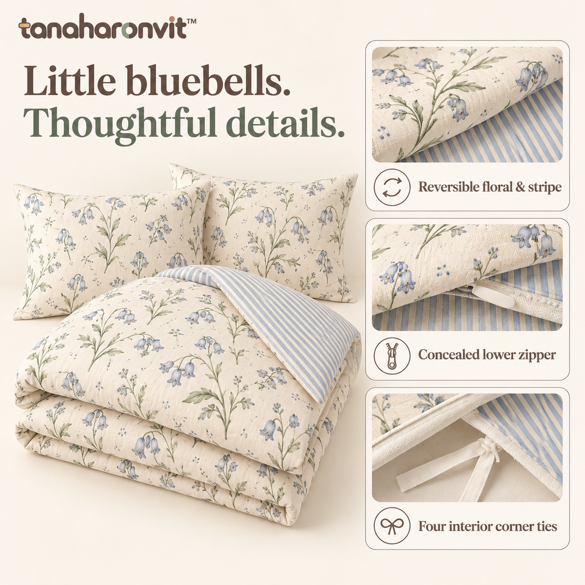 tanaharonvit™ Bluebell Notes Cotton Duvet Cover Set, Full/Queen 90 x 90 in, 3-Piece Reversible Floral Bedding with 2 Standard Shams — Powder Blue & Ivory