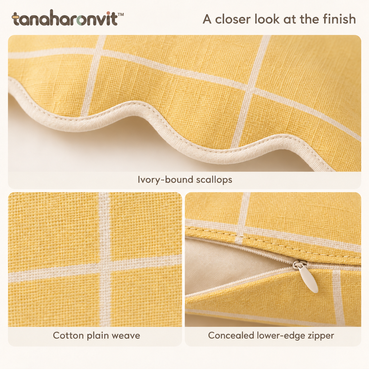 tanaharonvit™ Buttercup Windowpane Cotton Throw Pillow Cover, 18 x 18 in, Scalloped Edge Decorative Cushion Cover for Couch or Bed — Butter Yellow