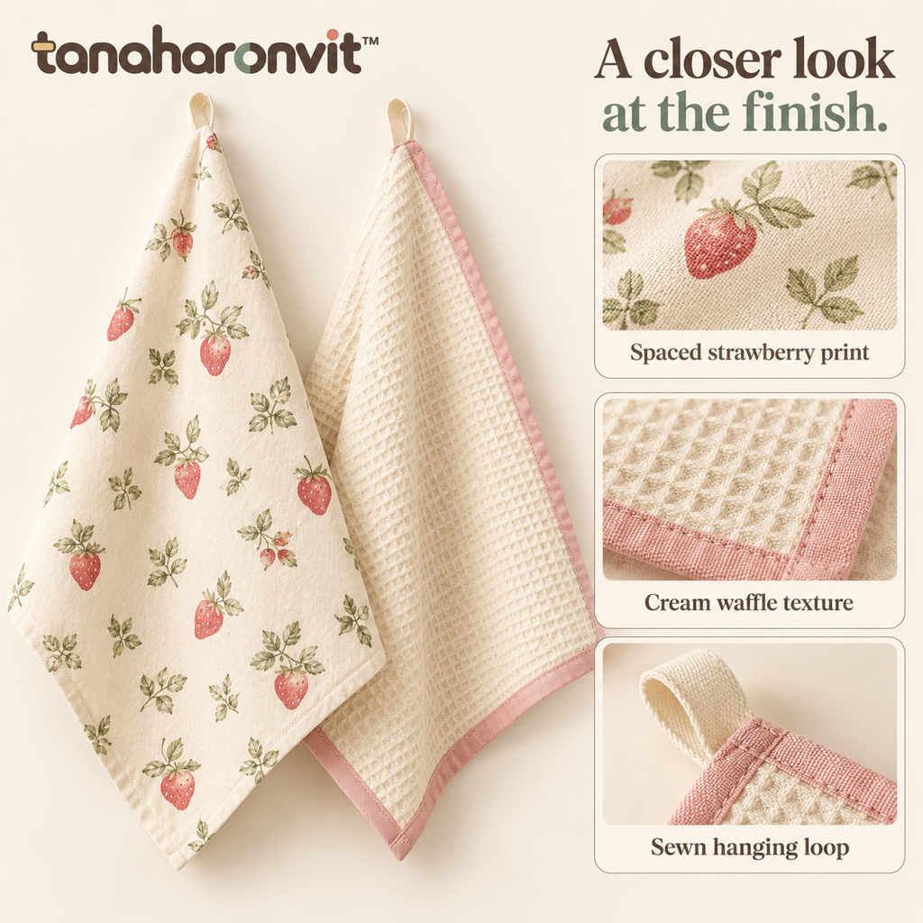 tanaharonvit™ Berry Breakfast Cotton Kitchen Towels, Set of 2, 18 x 28 in, Strawberry Print & Waffle Weave Dish Towels — Blush & Cream