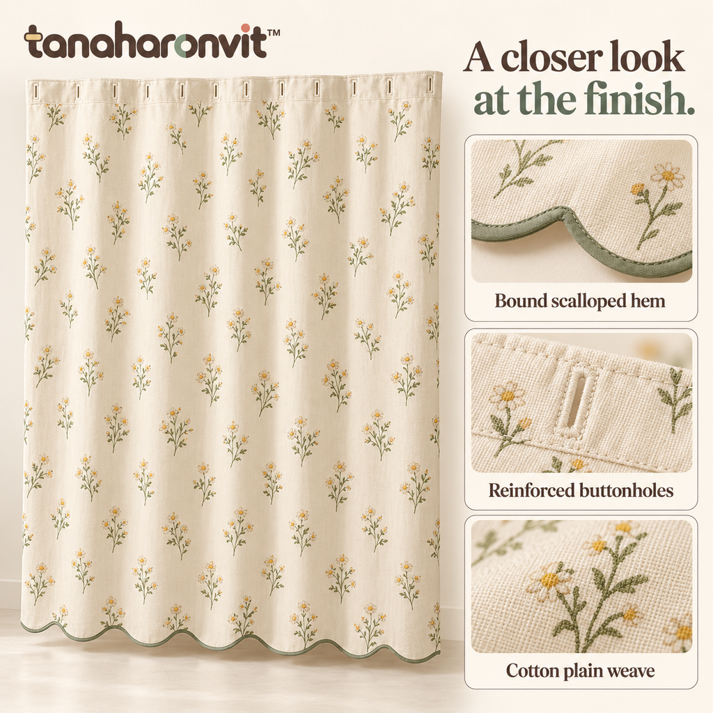 tanaharonvit™ Daisy Drift Fabric Shower Curtain, 72 x 72 in, Cotton Micro-Floral Bathroom Curtain with Scalloped Bottom — Ivory & Sage