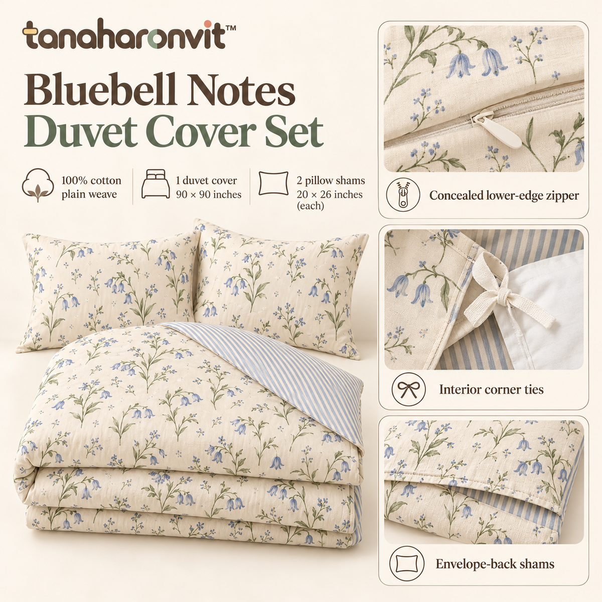 tanaharonvit™ Bluebell Notes Cotton Duvet Cover Set, Full/Queen 90 x 90 in, 3-Piece Reversible Floral Bedding with 2 Standard Shams — Powder Blue & Ivory