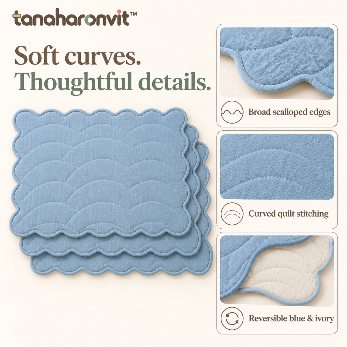 tanaharonvit™ Soft Arc Quilted Cotton Placemats, Set of 4, 13 x 19 in, Reversible Scalloped Fabric Dining Mats — Powder Blue & Ivory