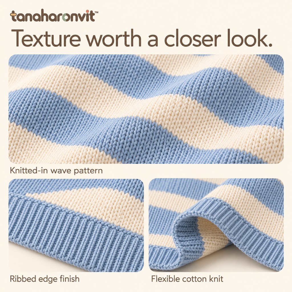 tanaharonvit™ Cloudline Cotton Knit Throw Blanket, 50 x 60 in, Wavy Stripe Lightweight Couch & Sofa Throw — Powder Blue & Cream
