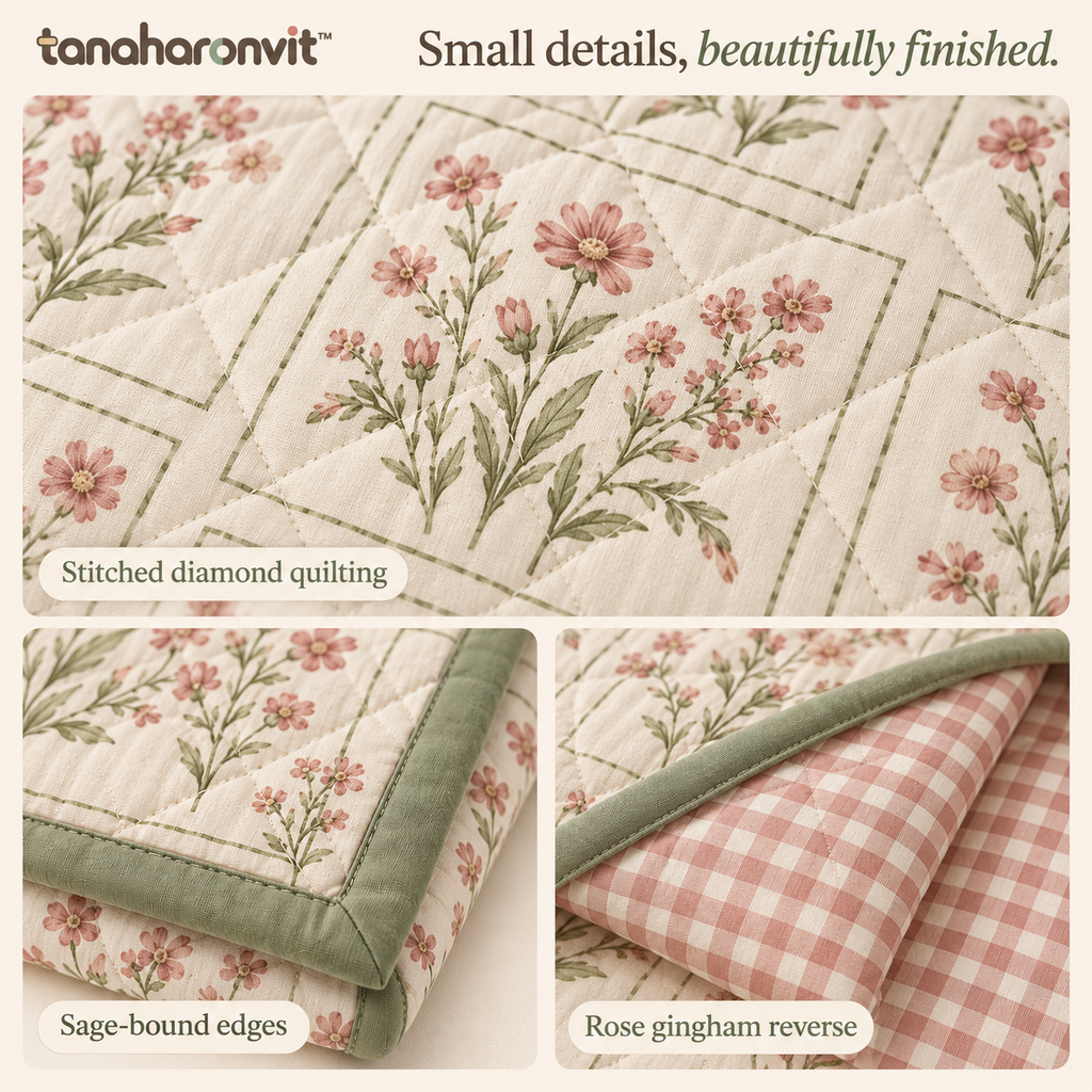 tanaharonvit™ Meadow Postcard Reversible Quilted Throw Blanket, 50 x 60 in, Cotton Shell Floral & Gingham Sofa Throw — Rose & Sage