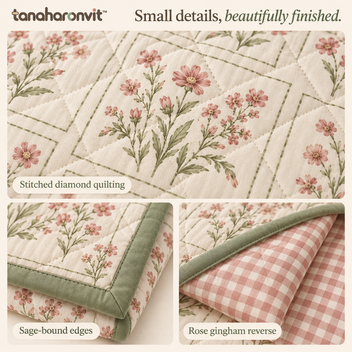 tanaharonvit™ Meadow Postcard Reversible Quilted Throw Blanket, 50 x 60 in, Cotton Shell Floral & Gingham Sofa Throw — Rose & Sage
