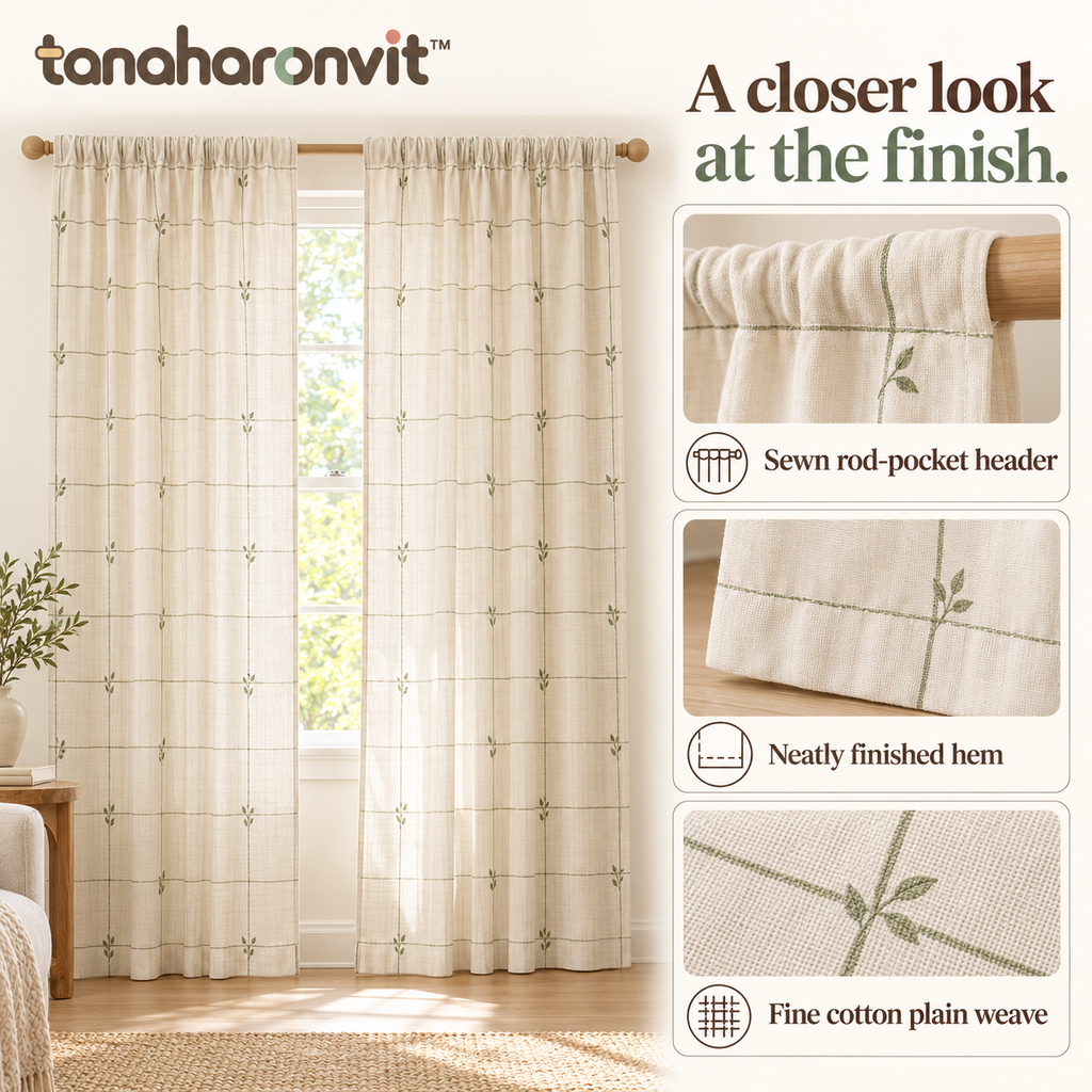 tanaharonvit™ Morning Trellis Light-Filtering Curtain Panels, Set of 2, 50 x 84 in Each, Cotton Rod Pocket Window Drapes — Sage & Ivory
