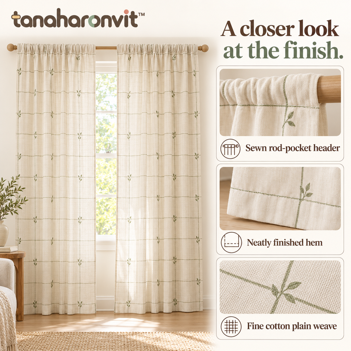 tanaharonvit™ Morning Trellis Light-Filtering Curtain Panels, Set of 2, 50 x 84 in Each, Cotton Rod Pocket Window Drapes — Sage & Ivory