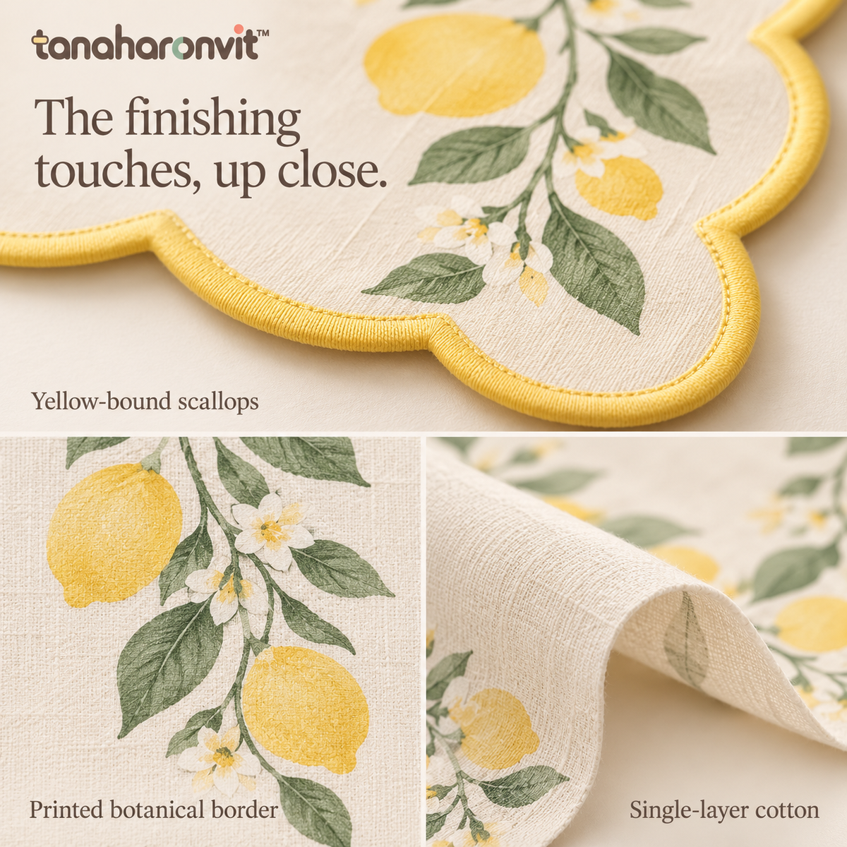 tanaharonvit™ Lemon Ribbon Cotton Table Runner, 14 x 72 in, Scalloped Edge Botanical Dining Table Linen — Lemon Yellow & Sage