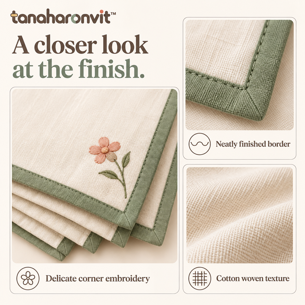 tanaharonvit™ Petal Corner Cotton Cloth Napkins, Set of 4, 18 x 18 in, Floral Embroidered Reusable Dinner Napkins — Ivory & Sage