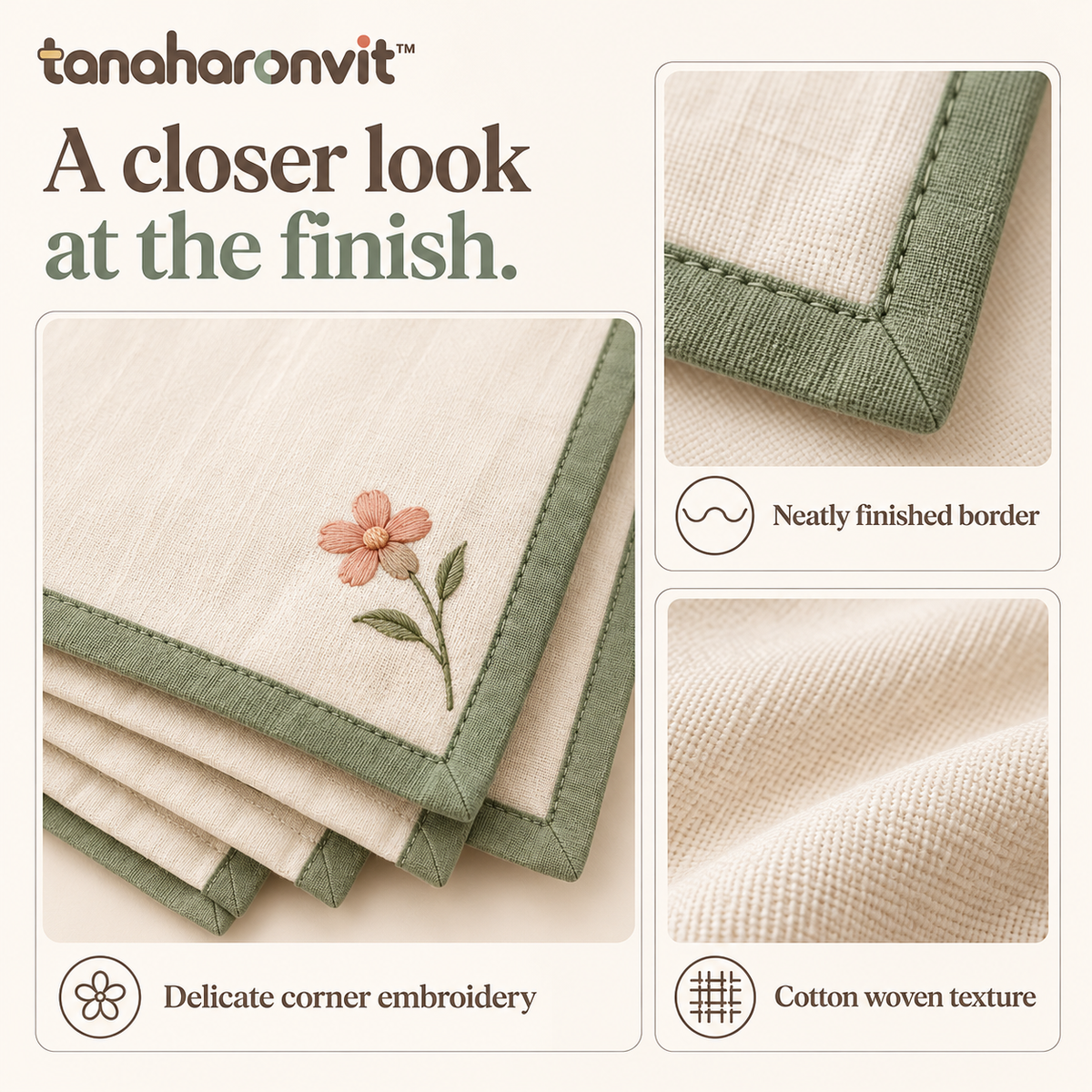tanaharonvit™ Petal Corner Cotton Cloth Napkins, Set of 4, 18 x 18 in, Floral Embroidered Reusable Dinner Napkins — Ivory & Sage