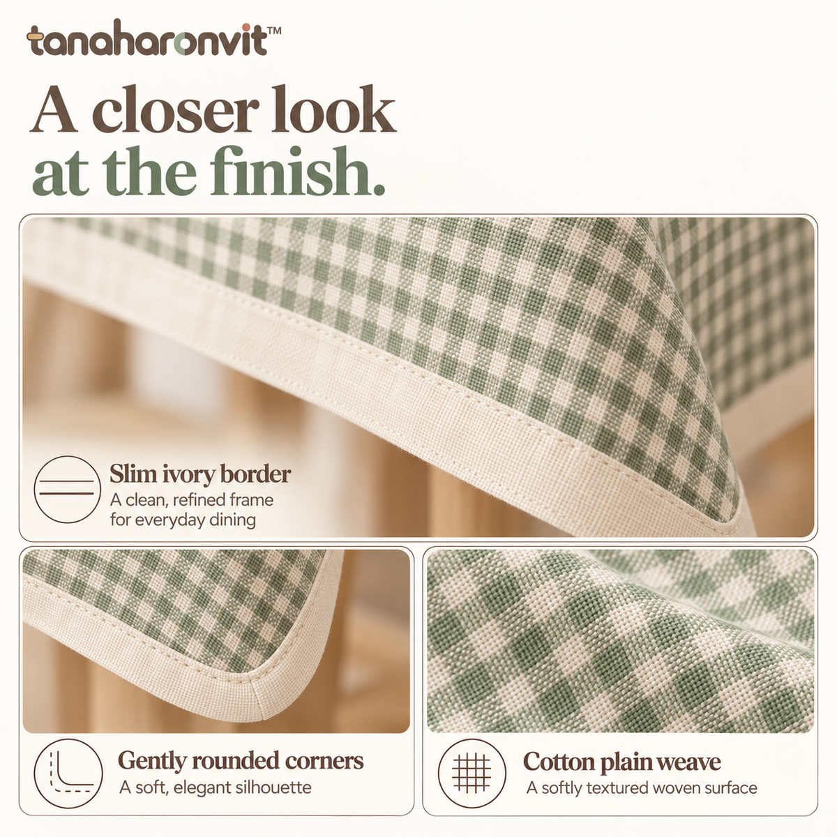 tanaharonvit™ Sunday Check Cotton Rectangular Tablecloth, 60 x 84 in, Sage Gingham Table Cover for Kitchen & Dining Room