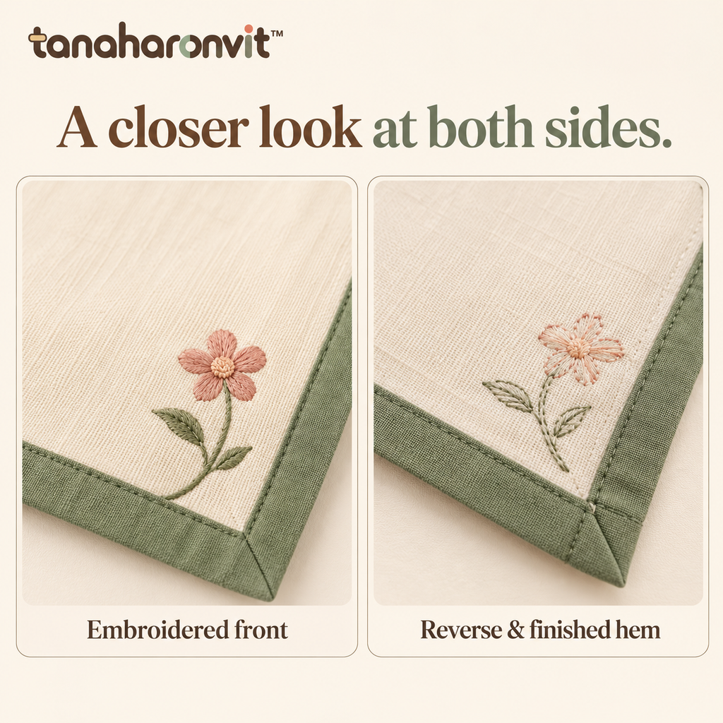 tanaharonvit™ Petal Corner Cotton Cloth Napkins, Set of 4, 18 x 18 in, Floral Embroidered Reusable Dinner Napkins — Ivory & Sage