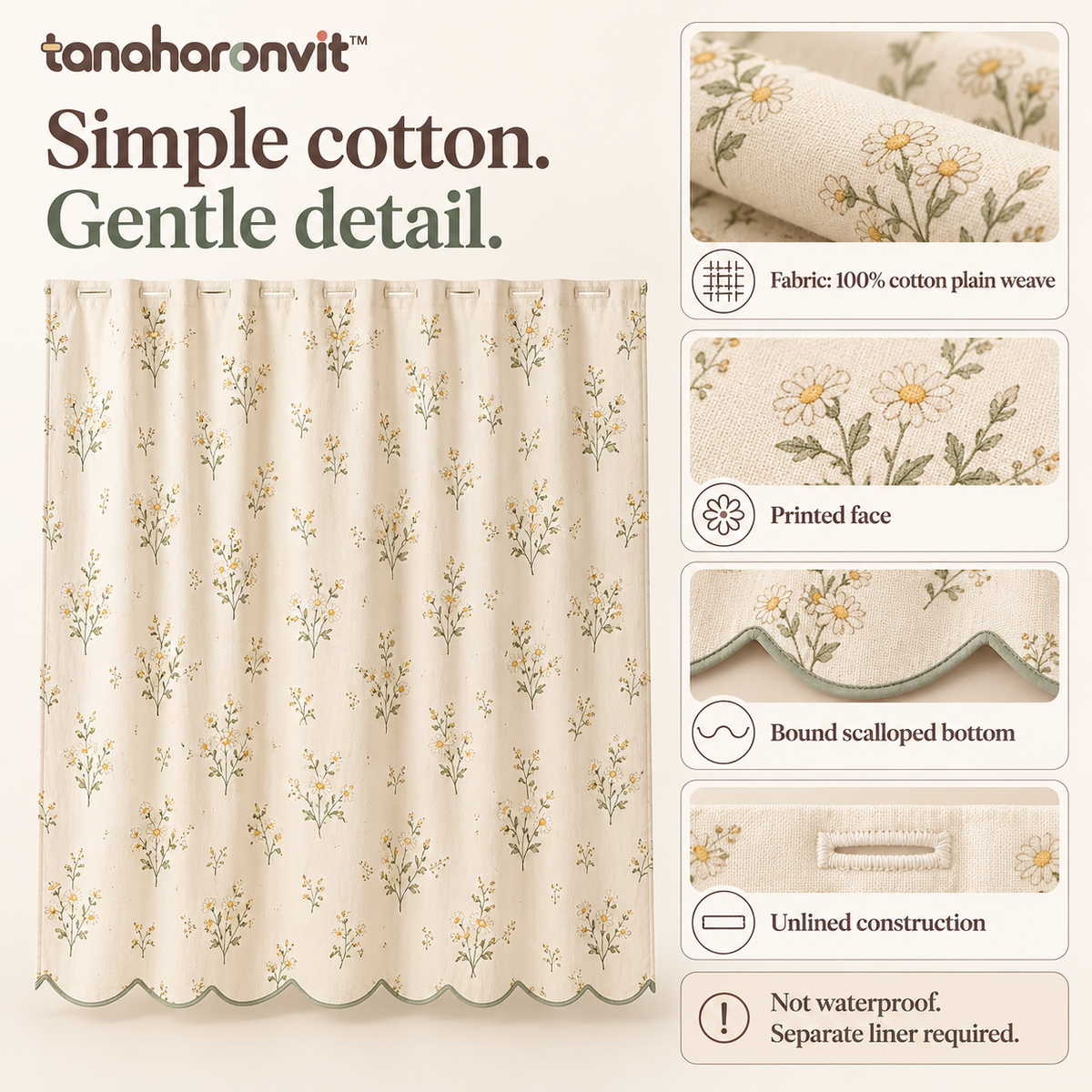 tanaharonvit™ Daisy Drift Fabric Shower Curtain, 72 x 72 in, Cotton Micro-Floral Bathroom Curtain with Scalloped Bottom — Ivory & Sage