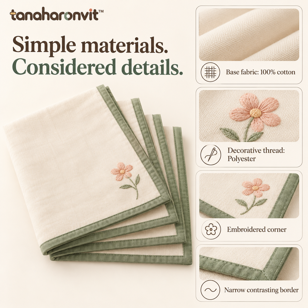tanaharonvit™ Petal Corner Cotton Cloth Napkins, Set of 4, 18 x 18 in, Floral Embroidered Reusable Dinner Napkins — Ivory & Sage