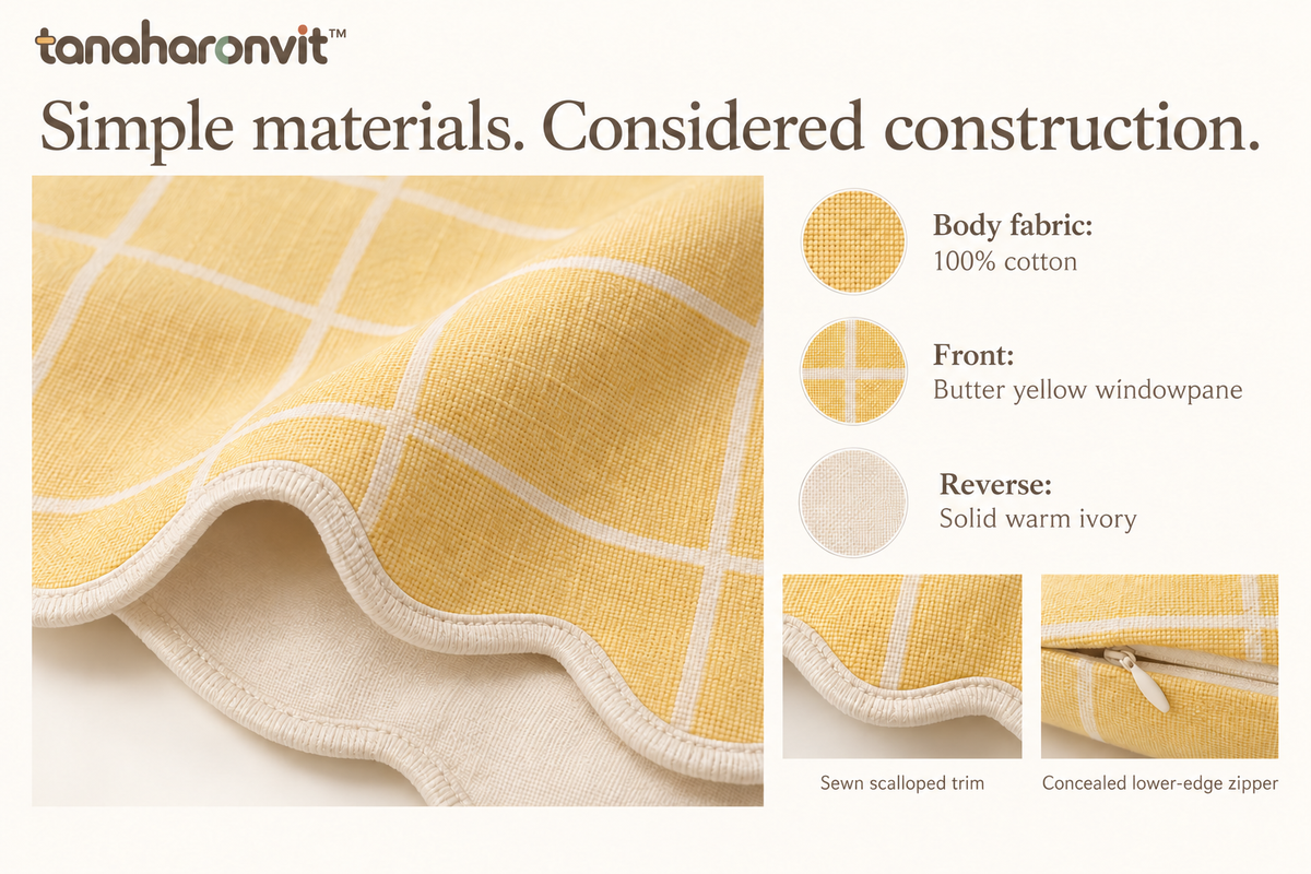 tanaharonvit™ Buttercup Windowpane Cotton Throw Pillow Cover, 18 x 18 in, Scalloped Edge Decorative Cushion Cover for Couch or Bed — Butter Yellow