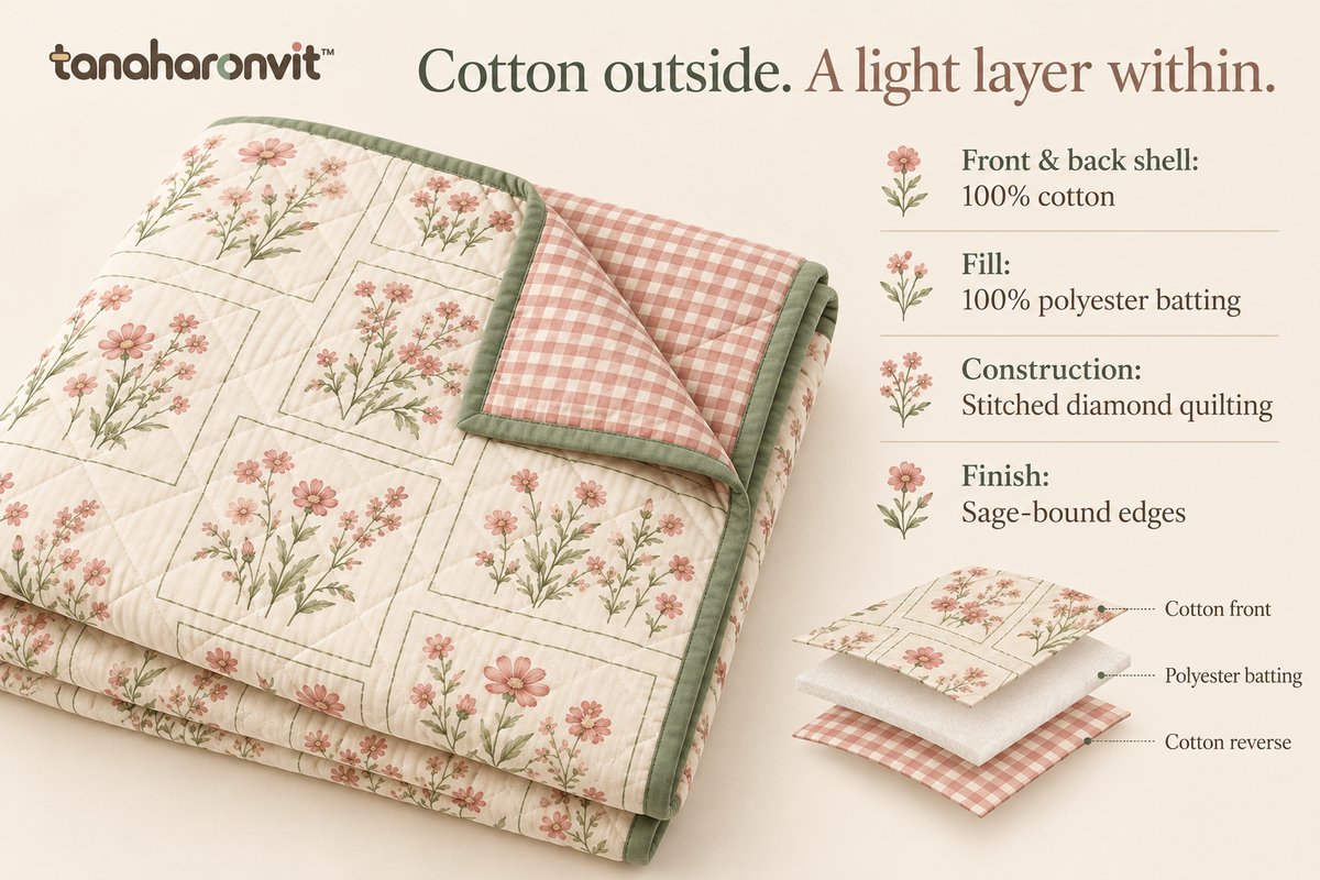 tanaharonvit™ Meadow Postcard Reversible Quilted Throw Blanket, 50 x 60 in, Cotton Shell Floral & Gingham Sofa Throw — Rose & Sage