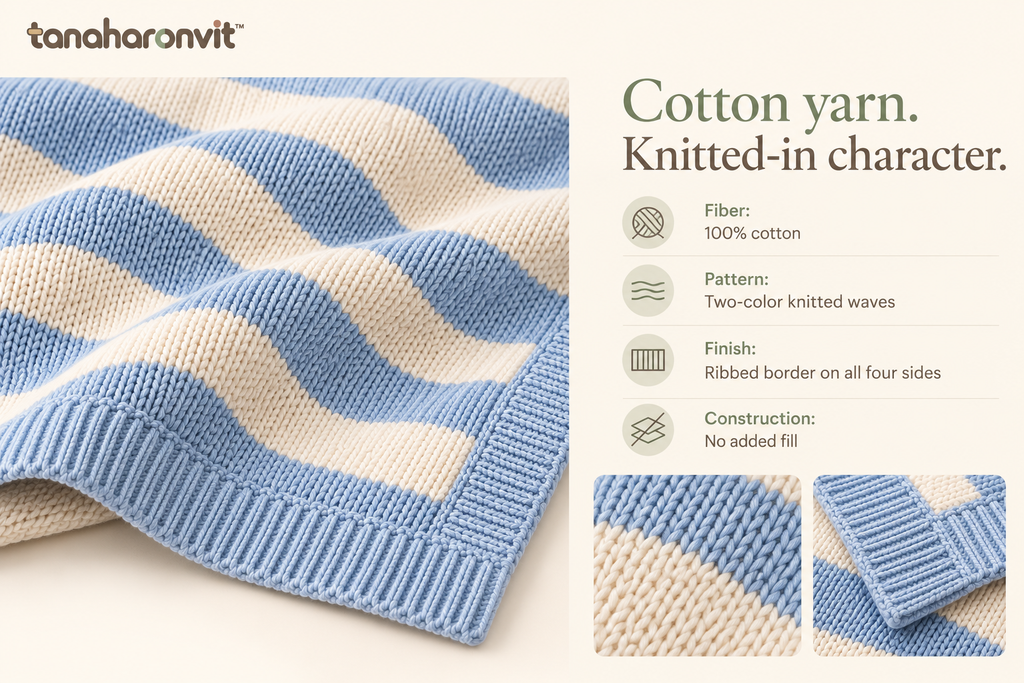 tanaharonvit™ Cloudline Cotton Knit Throw Blanket, 50 x 60 in, Wavy Stripe Lightweight Couch & Sofa Throw — Powder Blue & Cream