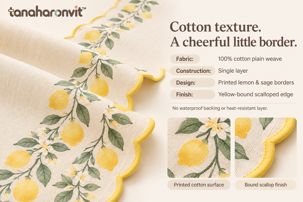tanaharonvit™ Lemon Ribbon Cotton Table Runner, 14 x 72 in, Scalloped Edge Botanical Dining Table Linen — Lemon Yellow & Sage